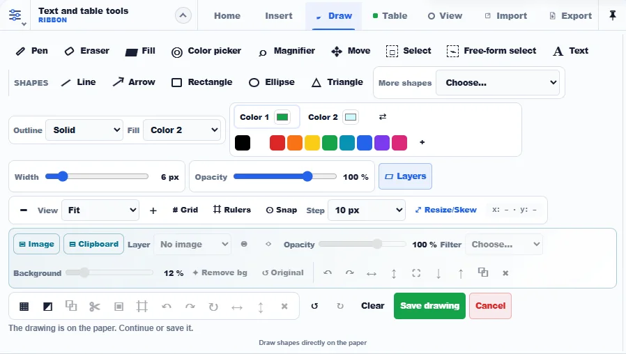Drawing toolbar with pens, shapes, colors and layers