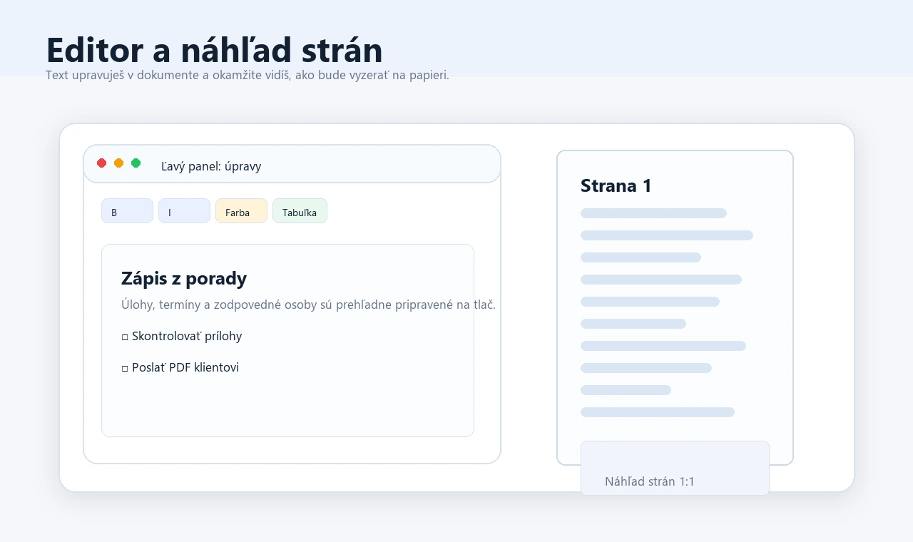 Editor pasteToPrint s nástrojmi vľavo a náhľadom strán vpravo