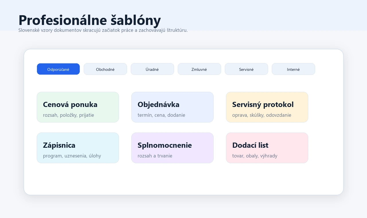 Kategórie a karty profesionálnych slovenských šablón dokumentov